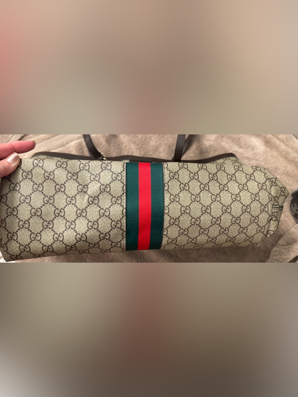 Designer Inspired Beige Supreme Purse (Bag) w/ Green & Red Web Stripe - Signatur - Picture 4 of 10